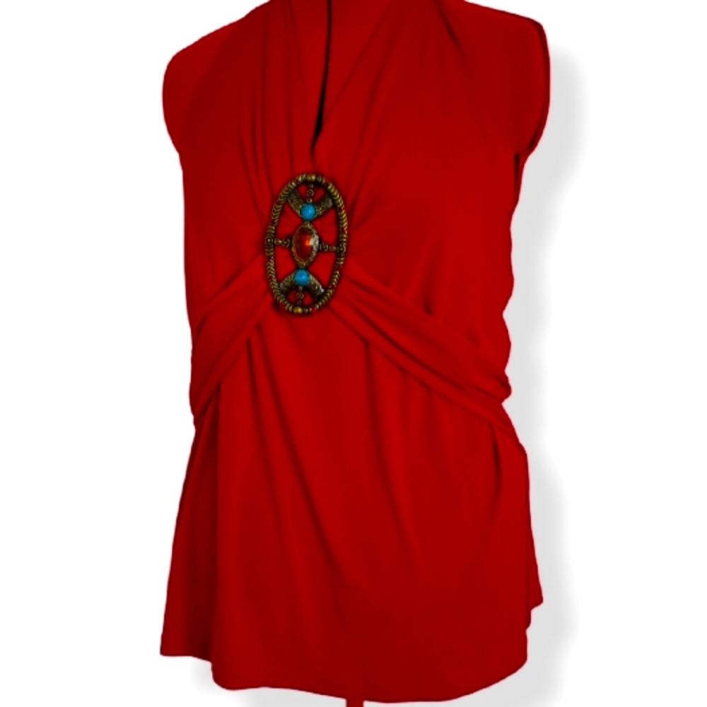 Vintage Venezia Red Halter top size 18/20 with metal medallion decoration